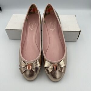 Ted Baker‎ London Immet Ballet Flats Size 11 Gold Metallic Bow Slip-on EUC